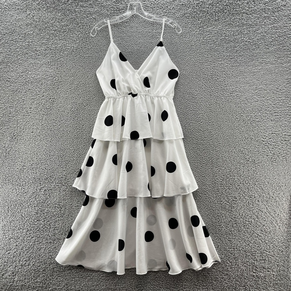 Anthropologie OPT Dress Large White Black Polka Dot Tiered Ruffle Midi Sundress